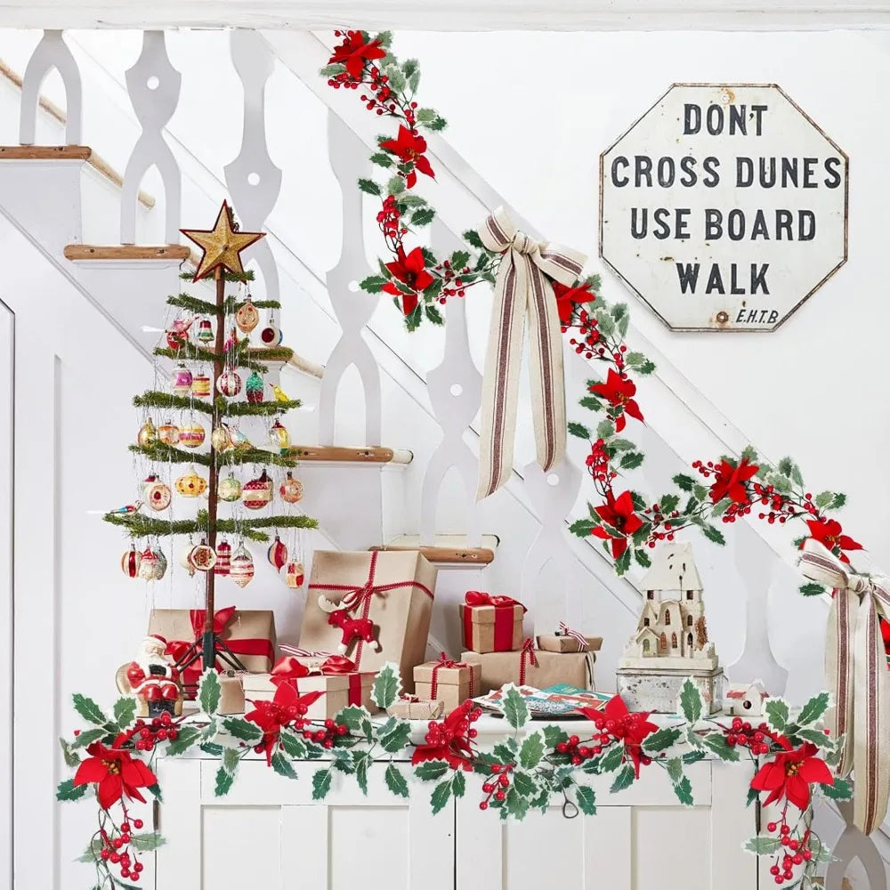 Christmas Garland 6.6Ft Artificial Christmas Garland, Pine Garland with Pine Cones, Red Berry, Red Flower Christmas Decoration f