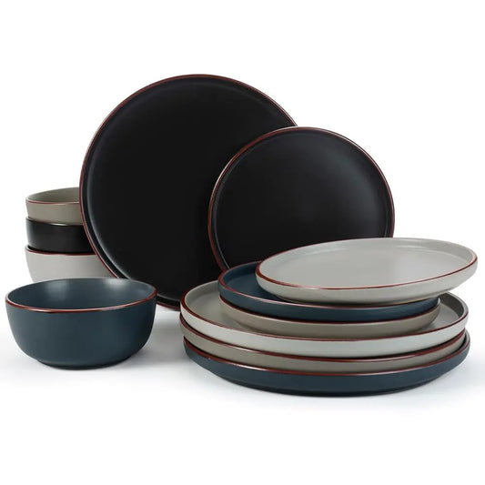 Mercury Plates And Bowls Sets, 12 Pieces Stoneware Dinnerware Sets, Dishes Set For 4, Microwave And Dishwasher Safe,