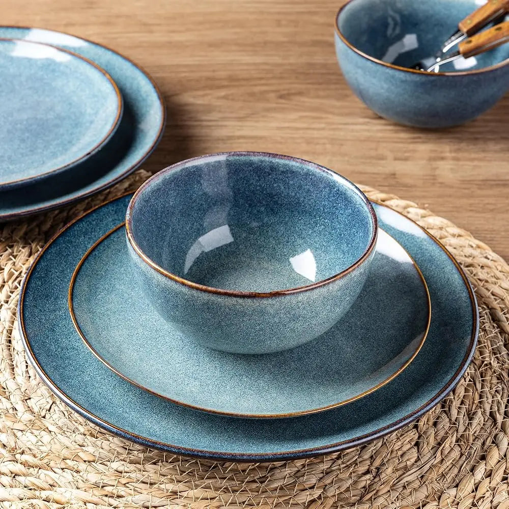 Ceramic Dinnerware Sets For 4, 12 Pieces Handpainted Plates And Bowls Set, Scratch Resistant Stoneware Dishes Set, Dishwasher &