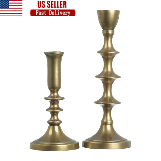 Antique Gold Taper Candle Holders Set of 2 Vintage Fluted Aluminum Decorative Holders Rustic Home Decor Accent
