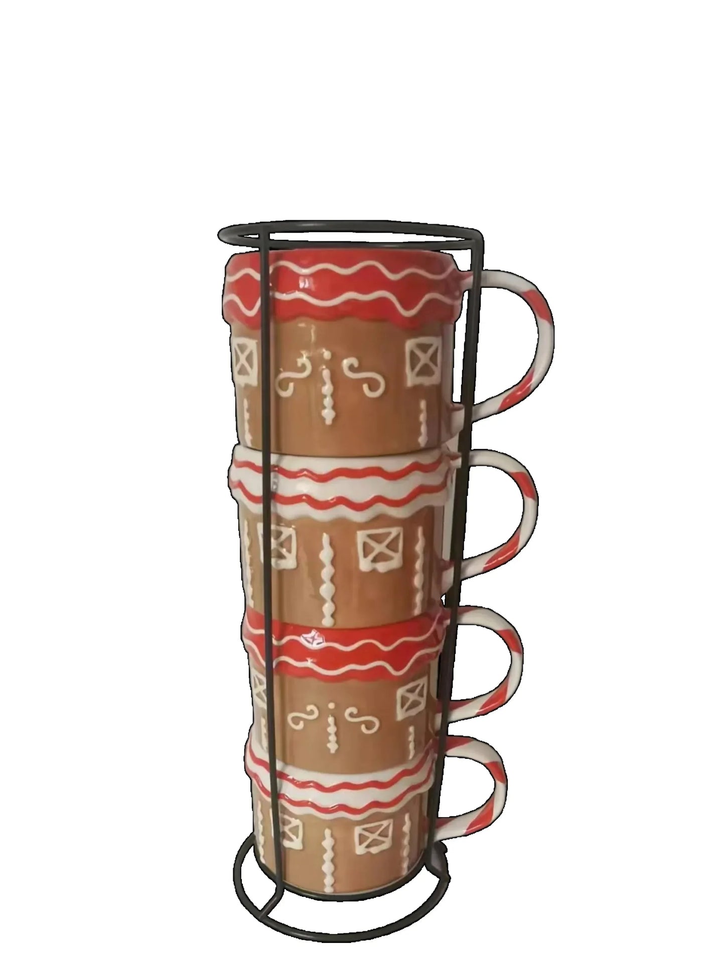 12oz Gingerbread House Stacking Mug Set – Glazed Stoneware, Includes Metal Rack