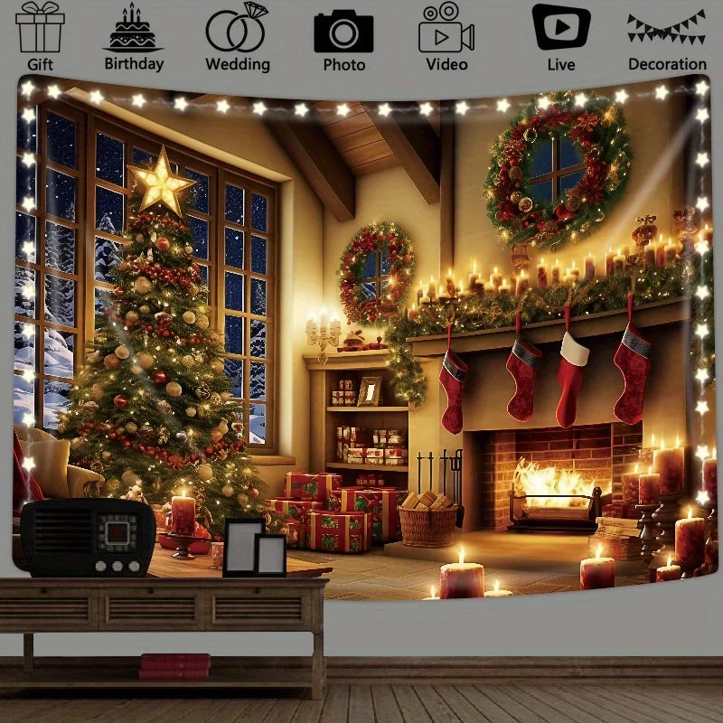1pc Tapestry Luminous Christmas Gift, Christmas Night Fireplace Christmas Stocking Tapestry Popular Party Photo Studio Props