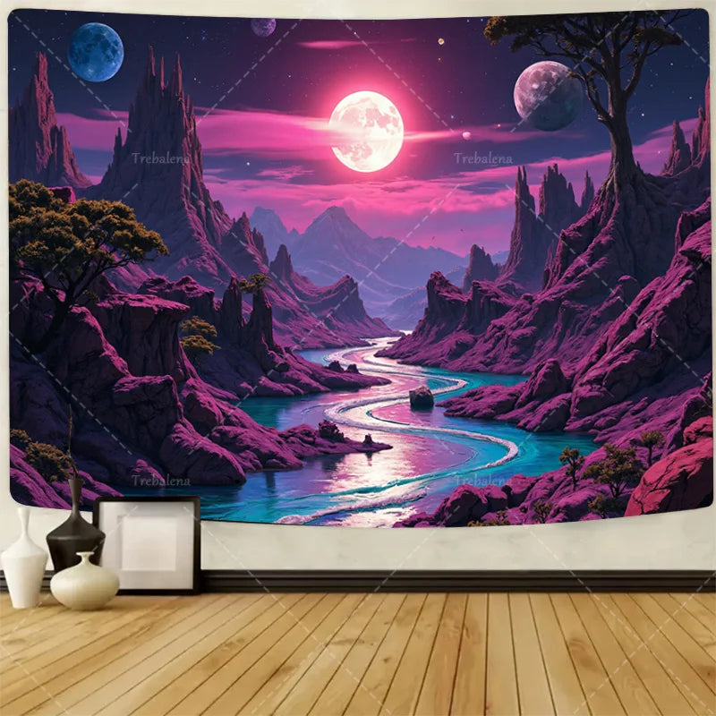 1pc Wall Tapestry "Starry Night Snowscape Tapestry - Full Moon Over Winter Lake"