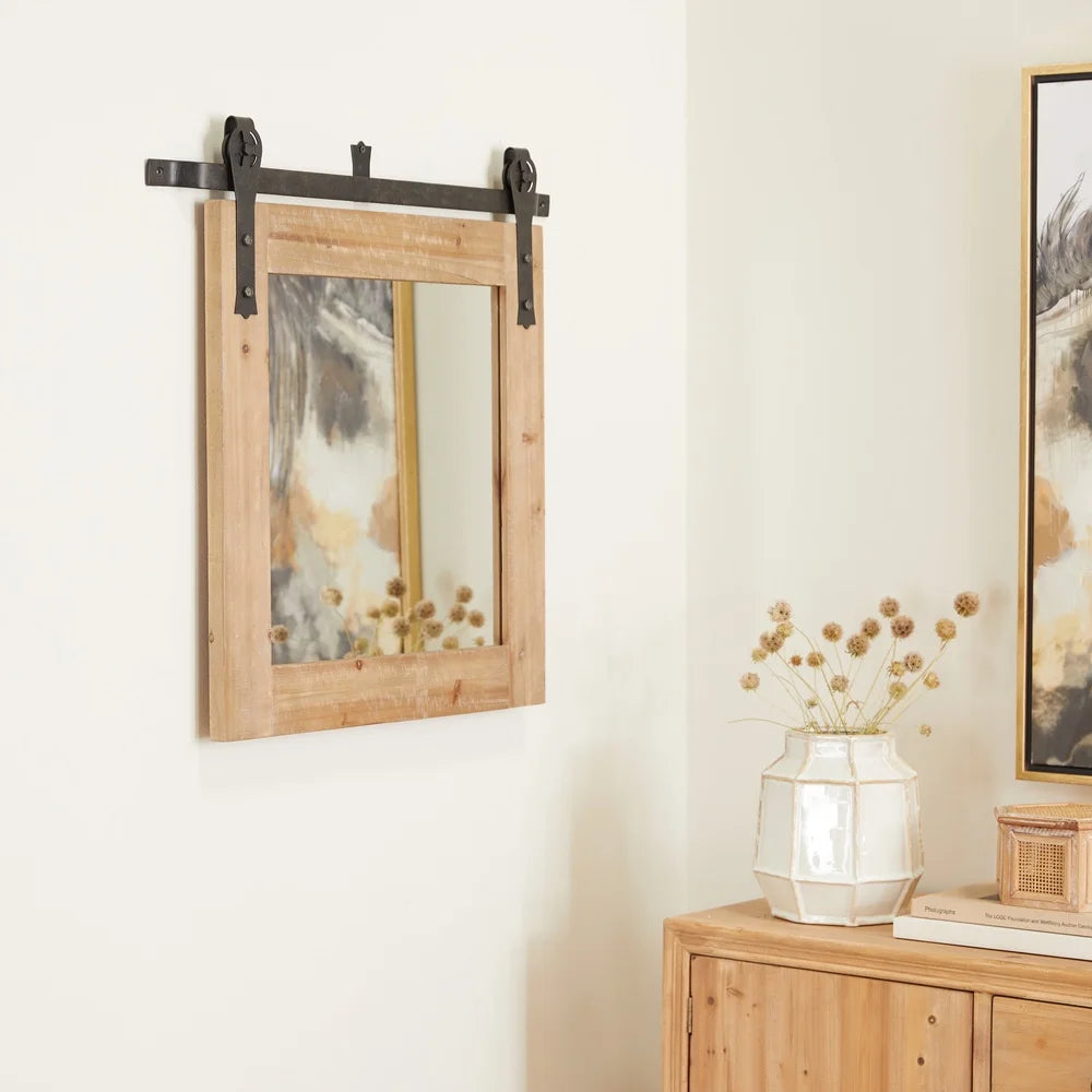 30x27 Wall Mirror with Metal Hanging Rod Indoor Use Reflective Accent Durable Wooden Frame Iron Hardware Farmhouse Style