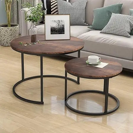 Industrial Round Coffee Table Set of 2 End Table for Living Room,Stacking Side Tables, Sturdy and Easy Assembly,Wood Look Accent