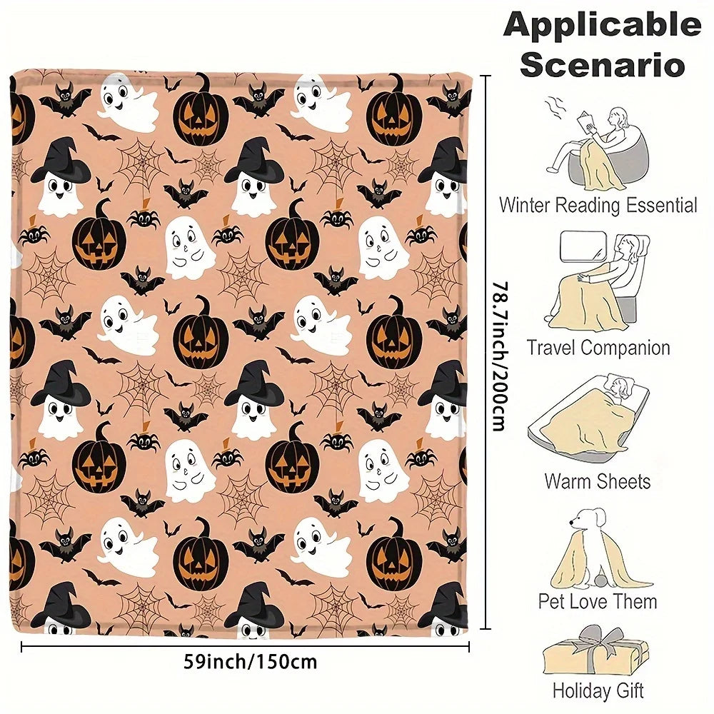 Haunted Halloween Fleece Throw Blanket: Spider Webs Witch's Hat Black Bats and Decorated Pumpkins Print on Soft Flannel Fleece
