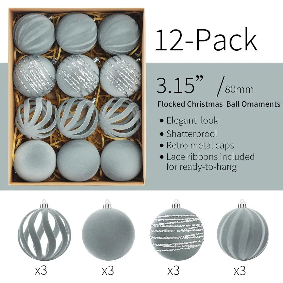 Elegant Christmas Ornaments Set of 12 3.15Inch Flocked Velvet Balls with Hand Painted Designs in Dusty Blue Perfect for Holiday