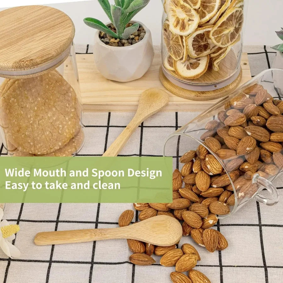 Airtight Food Storage Containers Glass Canister With Wooden Spoon and Lids 20 Oz Jars for Serving Bath Salt Sugar Spice Coffee