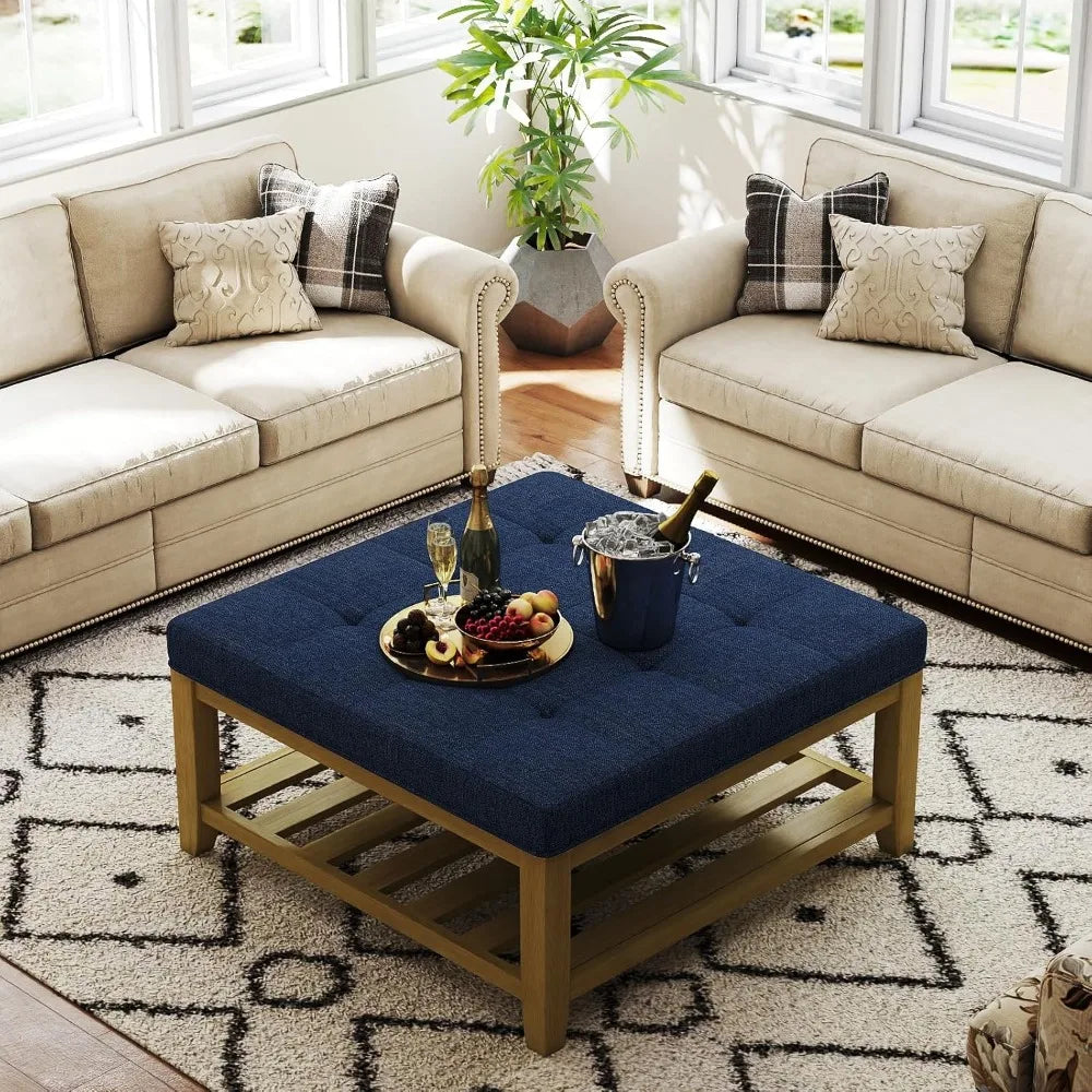 Large Square Ottoman Coffee Table, Linen Solid Upholstered Footrest Ottoman with Solid Wood Shelf Storage Tufted Coffee Table fo