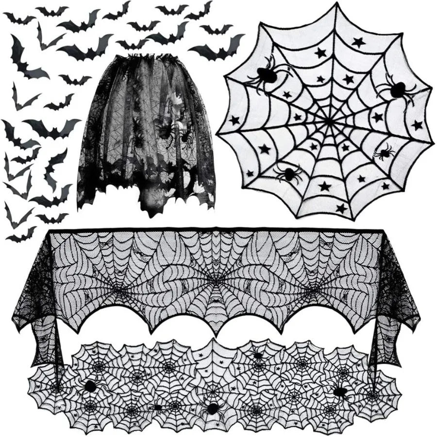 32 PCS Horrible dration set Lace Tablecloth Spider Web Pentagram Round Table Mat Black Spider Web Fireplace Cloth Suitable For