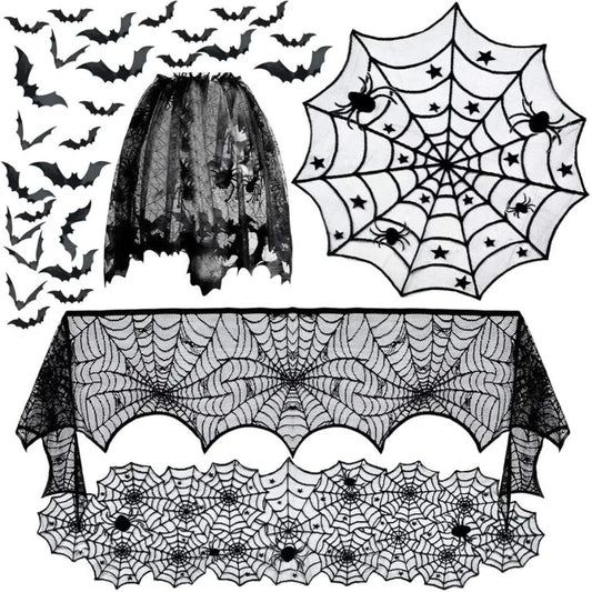 32 PCS Horrible dration set Lace Tablecloth Spider Web Pentagram Round Table Mat Black Spider Web Fireplace Cloth Suitable For