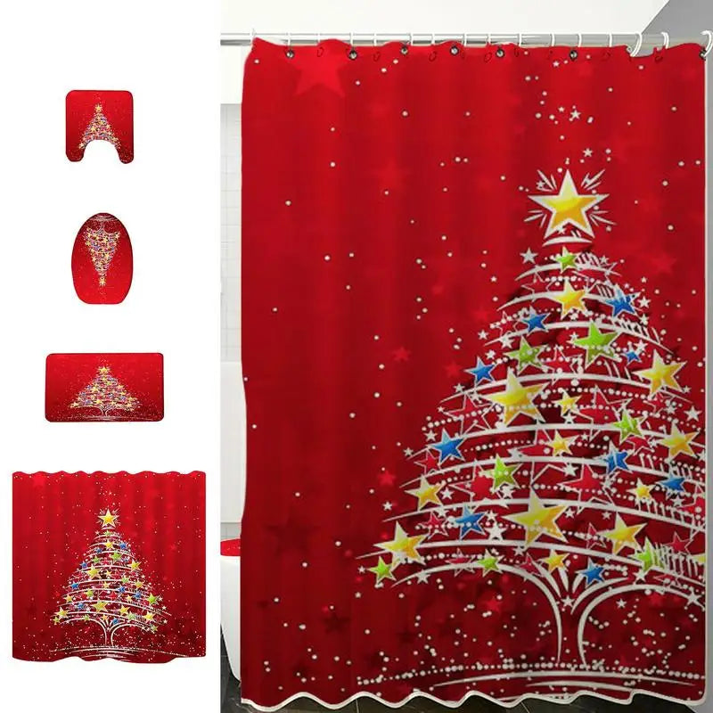 Toilet Lid Cover Rug Set Fast Drying Christmas Tree Shower Curtains Set Creative Shower Drapes Non-Slip Bath Mat For Home