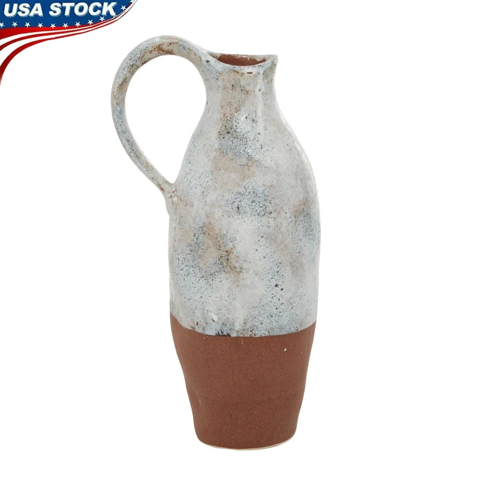Handmade White Ceramic Vase with Terracotta Accents Dried Flowers Indoor Home Decor Farmhouse Style 14 Inch Unique Design
