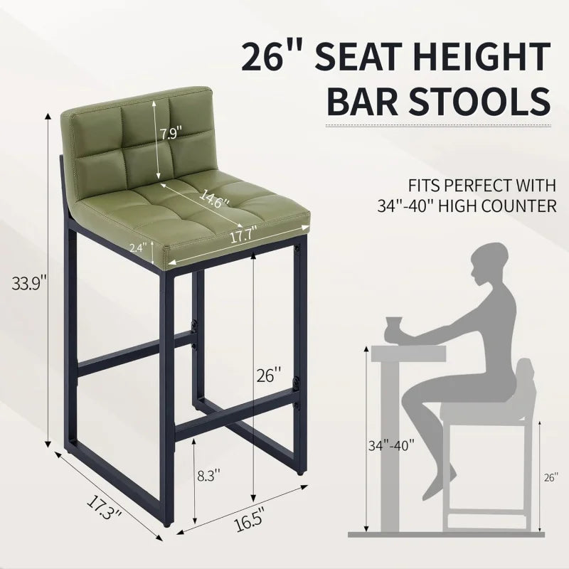 TTY Set of 3, Upholstered PU Leather Counter Height Barstools with Low Back and Thickened Metal Legs, Modern UE