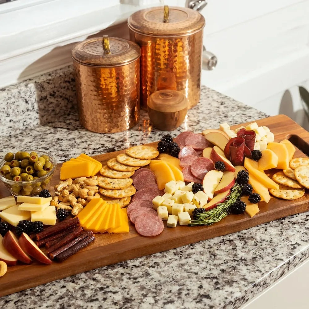 NEW-Large Acacia Serving Board with Handles, 36 x 12 Inch Rectangular Charcuterie Platter, Natural Wood Server for
