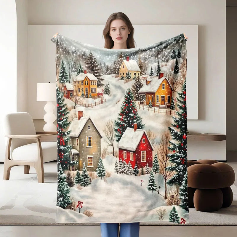 1 piece Christmas village-themed flannel blanket, perfect for sofa, bed, office. Ideal gift for family, friends, and holidays.