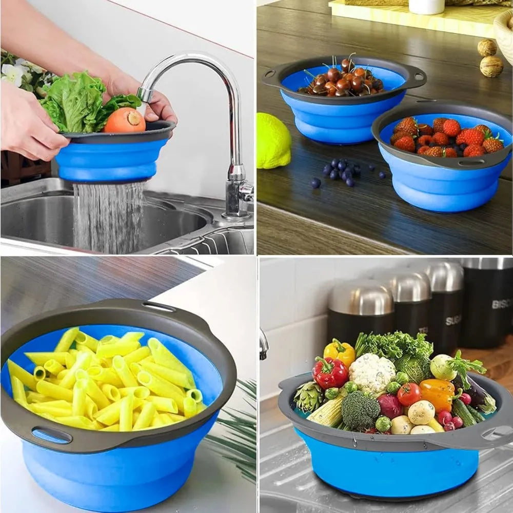 Collapsible Colander, Set of 2 PCS Collapsible Strainer, Space-Saving Kitchen, Food-Grade Silicone Folding Strainer Colander wit