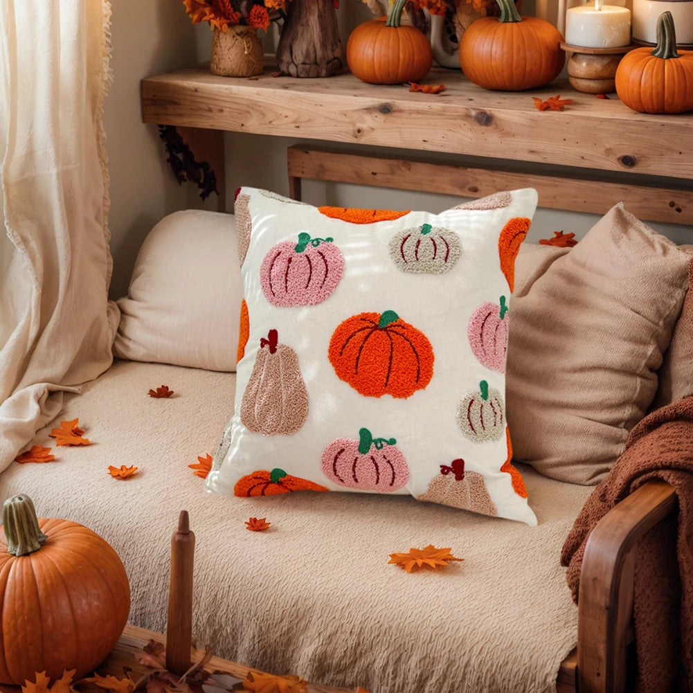 Embroidered Halloween Pillowcase 45x45cm Orange Pumpkin Throw Cushion Covers Pumpkin Fall Throw Pillow Covers for Couch Sofa Bed