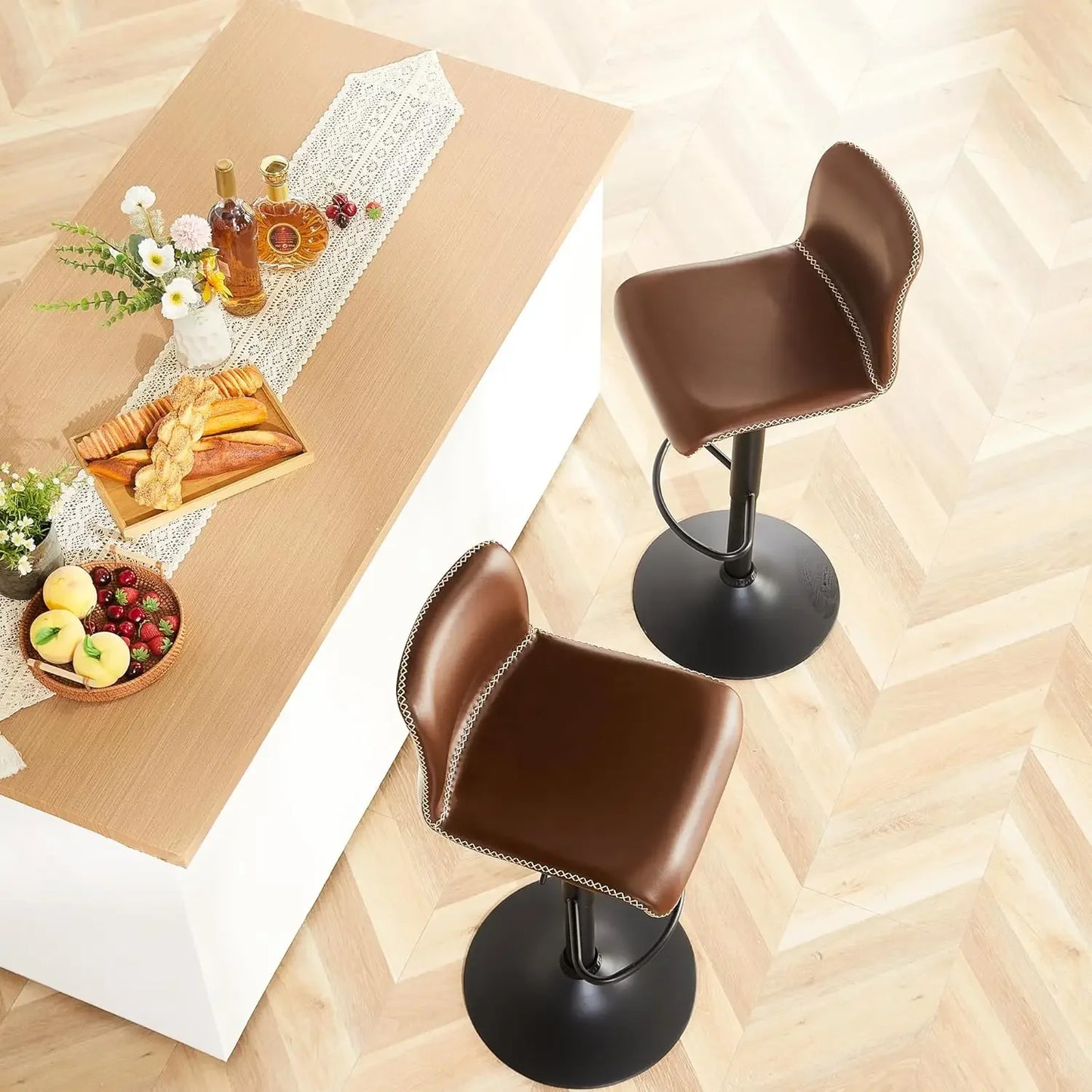 Swivel Bar Stools Set of 4, Counter Height  Stools with Back, Adjustable Stools 24" to 32", Brown Faux Leather Bar Chairs