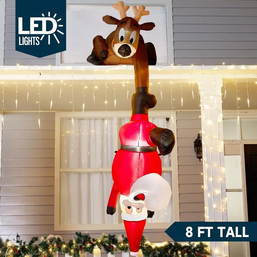 8 FT Hanging Christmas Iatables Decoration Christmas Iatable Reindeer and Climbing Santa Blow Up Santa with Buildin LED for Xma