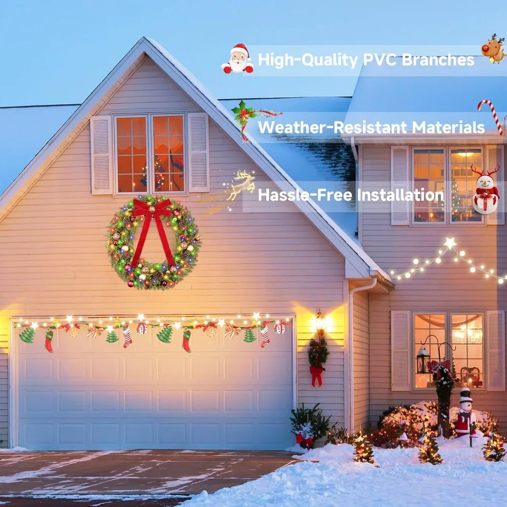 Vlorart 48 Large Outdoor Christmas Wreath with 200 LED Lights, Artificial Pre-lit Decor for Home Exterior