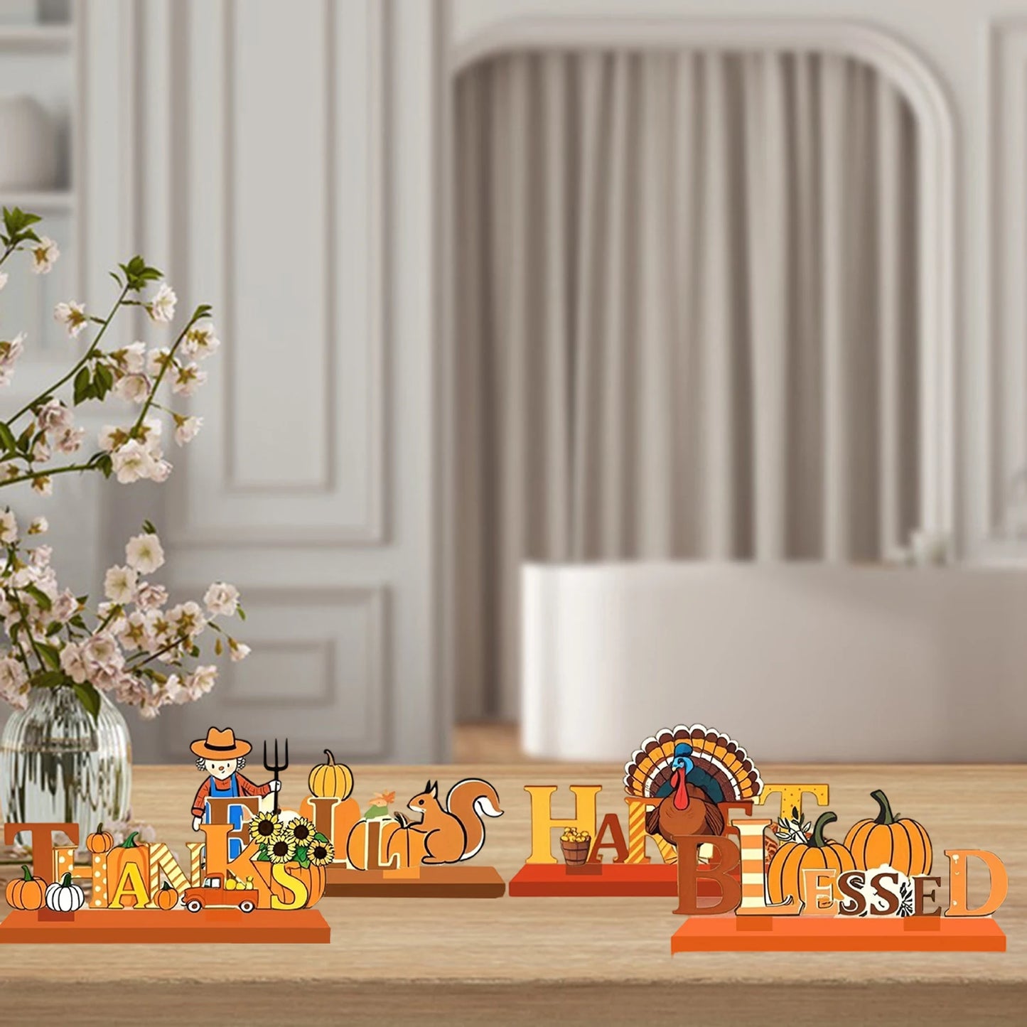 Thanksgiving Decor Set 4 Wooden Pumpkin and Letter Ornaments Table Centerpieces for Home Office Fall Party Décor