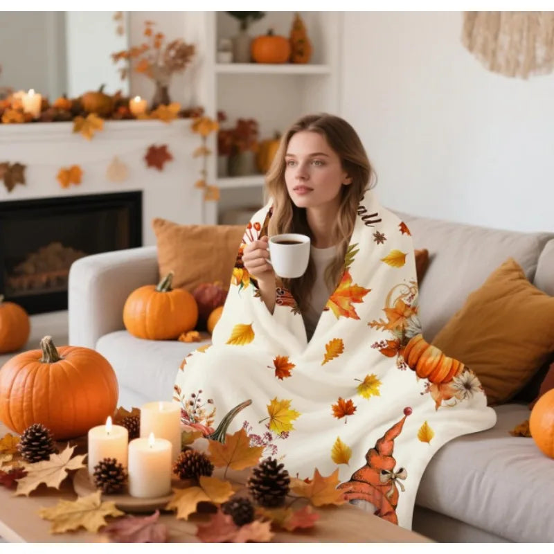 Fall Pumpkin and Gnome Throw Blanket, Fall Maple Leaf Blanket, Fall Themed Thanksgiving Farmhouse Home Decor Gift