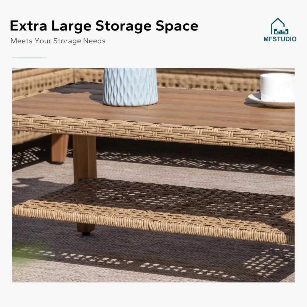 Patio Wicker Sectional Sofa Set 3 Pieces, Outdoor Small L-Shaped Couch Furniture Set with Wood Table and 2 Bench Sofa, 3-Piece