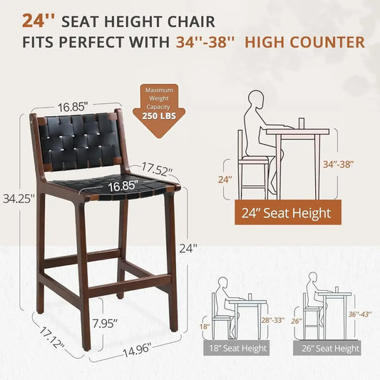 （XMSJ-Hot）Counter Height Bar Stools 24inch, Set of 4 Faux Leather Woven , Woven Strips Rattan Barstools Home Kitchen, Black