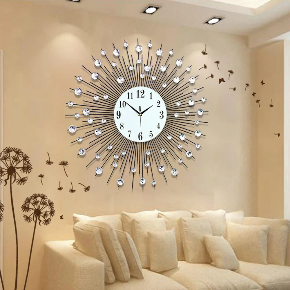 Stylish Wall Clock with Acrylic Diamonds, Vintage Metal Crystal Sunburst Wall Clock Luxury Diamond Modern Wall Clock 60cm