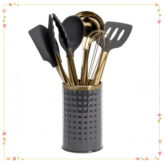 7-Piece Gray Cooking Utensil Set, Stainless Steel with Silicone Head, Non-Scratch Kitchen Tools for Non-Stick Cookware