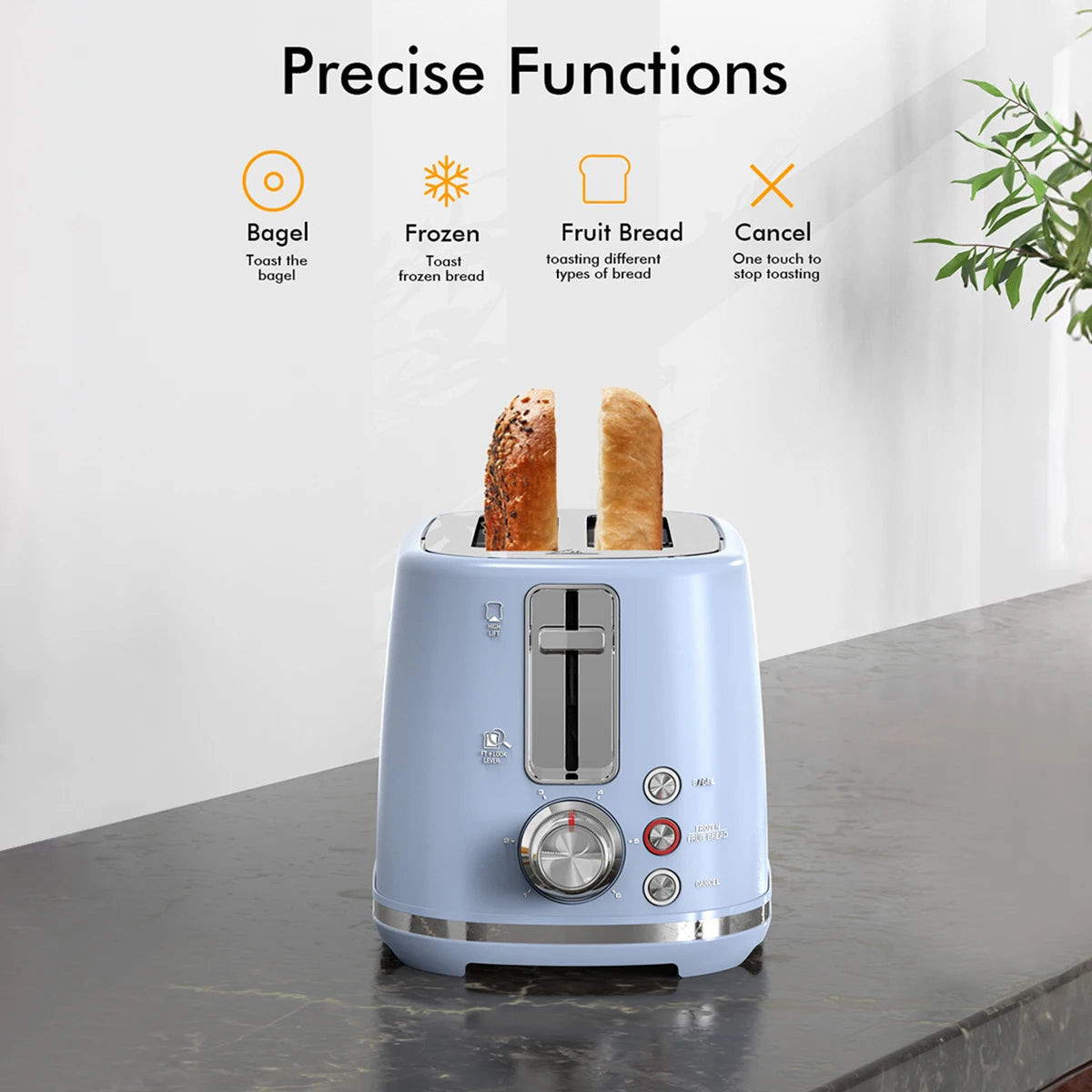 2 Slice Toaster with 1.5" Extra Wide Slots & Removable Crumb Tray 6 Browning Options, Auto Shut Off & Frozen Function, Blue