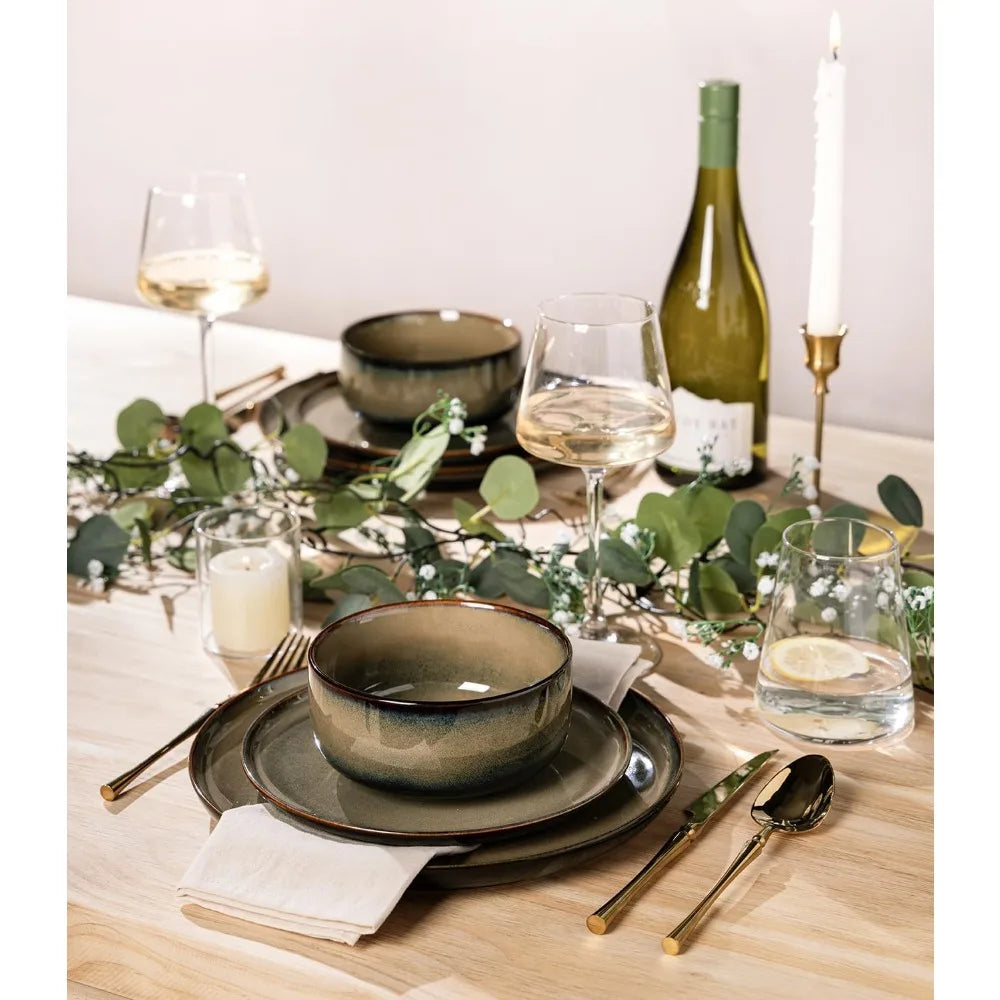 Handcrafted Terra Ceramic 8-Person Dinnerware Set with 24 Reactive Glazed Pieces, Including Plates and Bowls, Durable and Oven-S