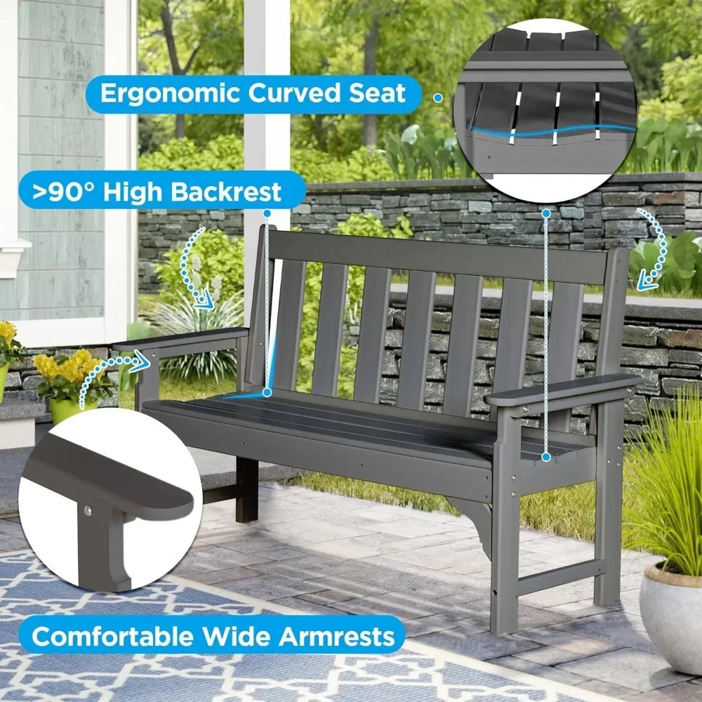 Outdoor Bench, HDPE All Weather Patio Bench Load up to 800 Lbs, 2-Person Garden Bench Rot-Proof Fade Proof for Patio, Porch