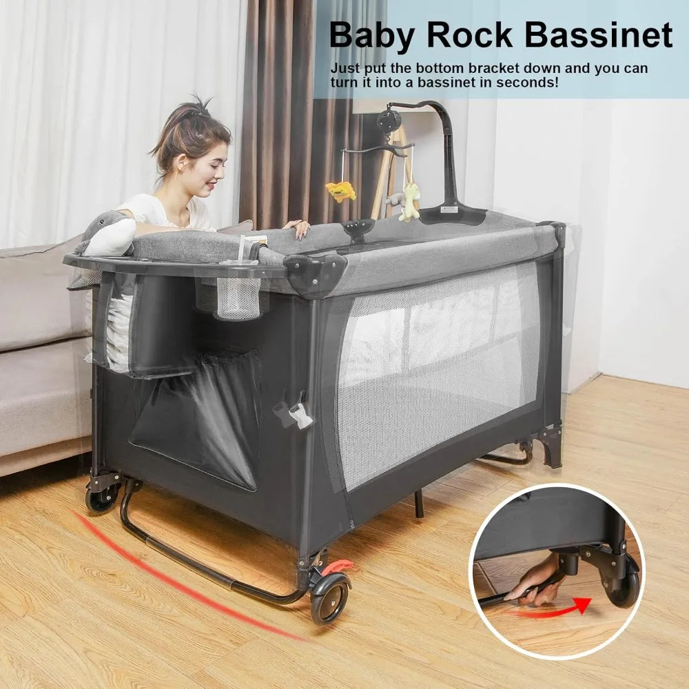 5-in-1 Pack and Play, Baby Bassinet Bedside Sleeper with U-Shaped Diaper Changer, Portable Toddler Playard for Newborn Toddlers,