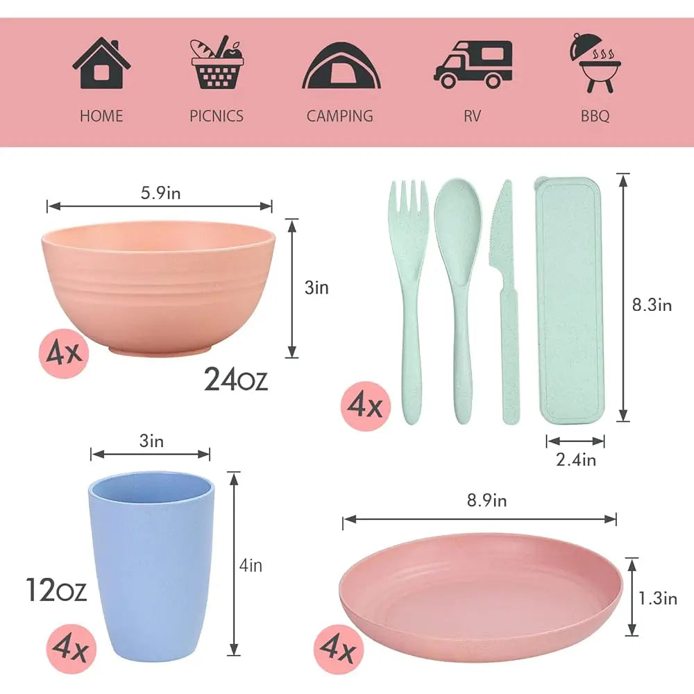 Wheat Straw Dinnerware Sets For 4, Wheat Straw Plates And Bowls Sets Kitchen Dishes 28Pcs College Dorm Room Entials Cutlery Set