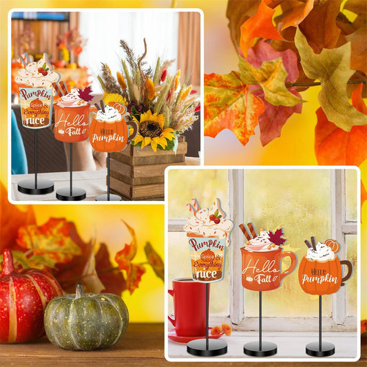 Thanksgiving Harvest Wooden Table Decor Set with Pumpkin Mugs Sign and Centerpieces for Fall Coffee Bar and Indoor Ornament