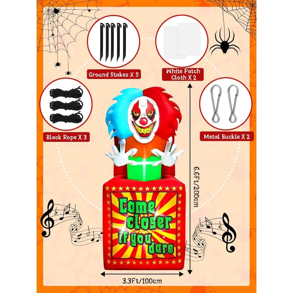 6.6 FT Halloween Inflatables Animated Clown with Music,  Circus Clown Box Outdoor Decorations Blow Up Yard with Built-in LEDs fo