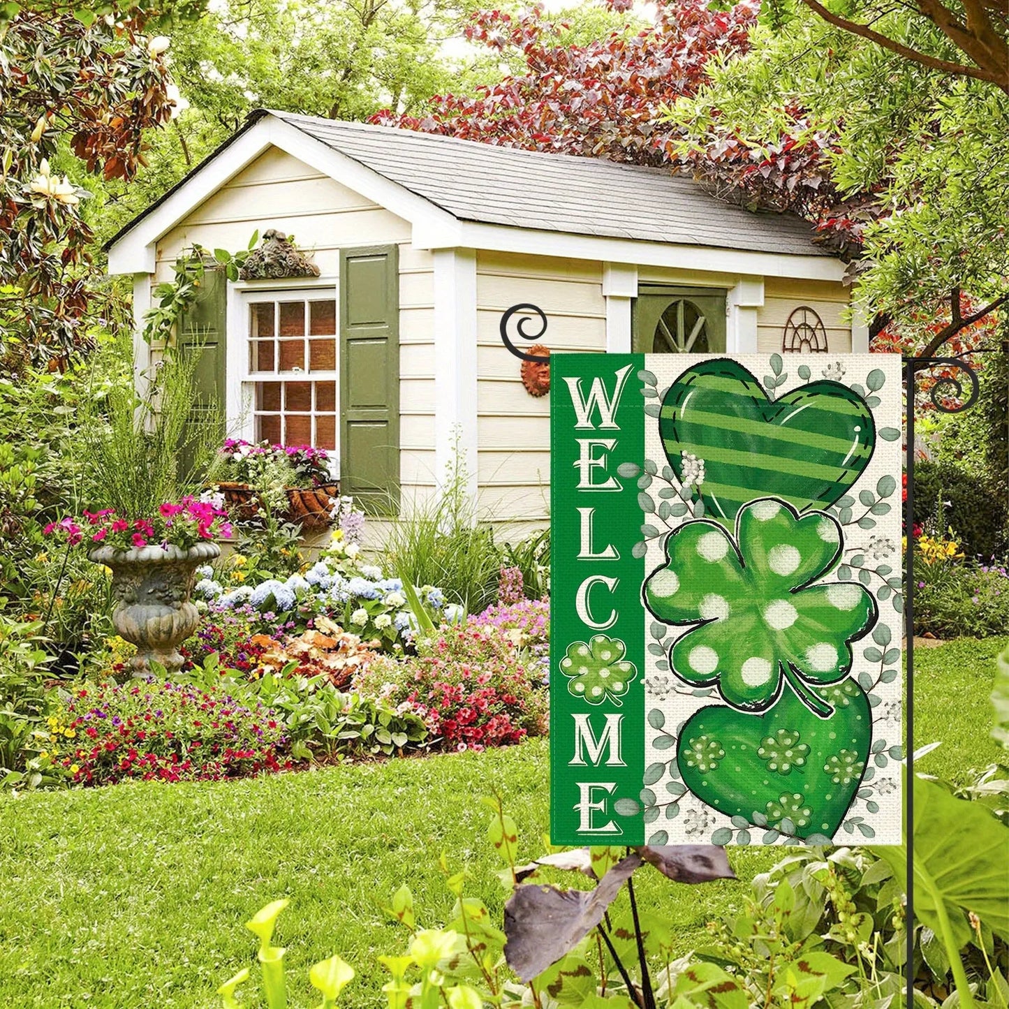 St. Patrick's Day Welcome Garden Flag - 12x18 Inch, Dual-Sided Durable Polyester, Heart & Clover Design for Outdoor Patio Decor,
