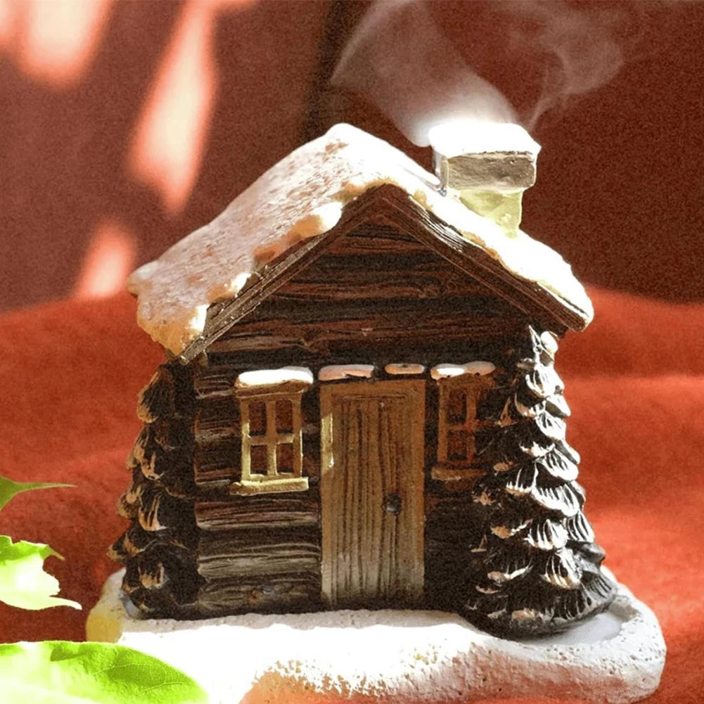 Log Cabin Incense Burner with 2 Incense Cones Rustic Christmas Chimney Hut Resin Holiday Gift Xmas Decoration