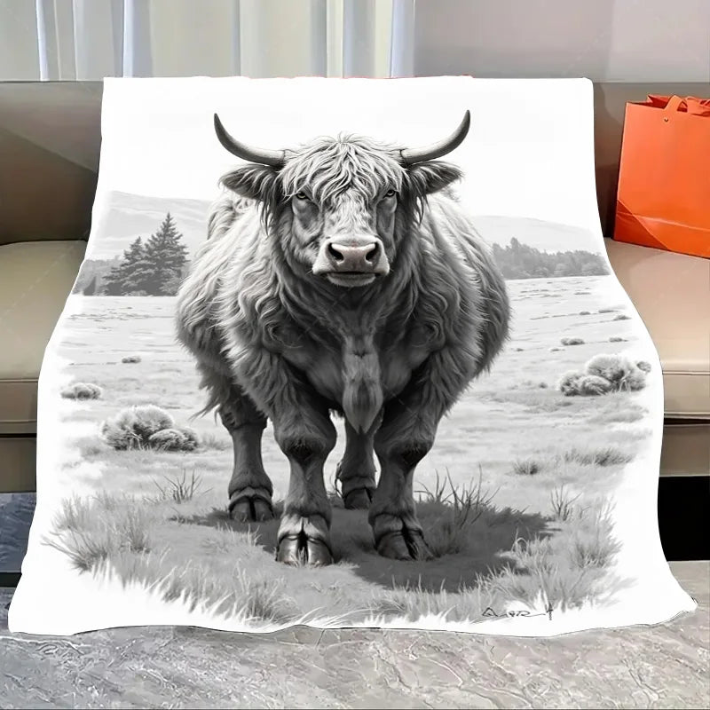 1pc Flannel Blanket Cozy Highland Cow Print Blanket for Home Decor - Soft & Warm Throw Blanket