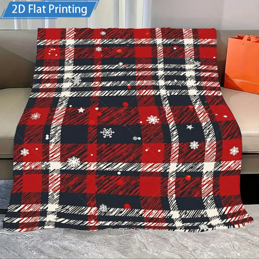 1pc Flannel Blanket Christmas Plaid Fleece Blanket Red Black White Snowflake Pattern Cozy Winter Throw for Sofa Bed Home Decor