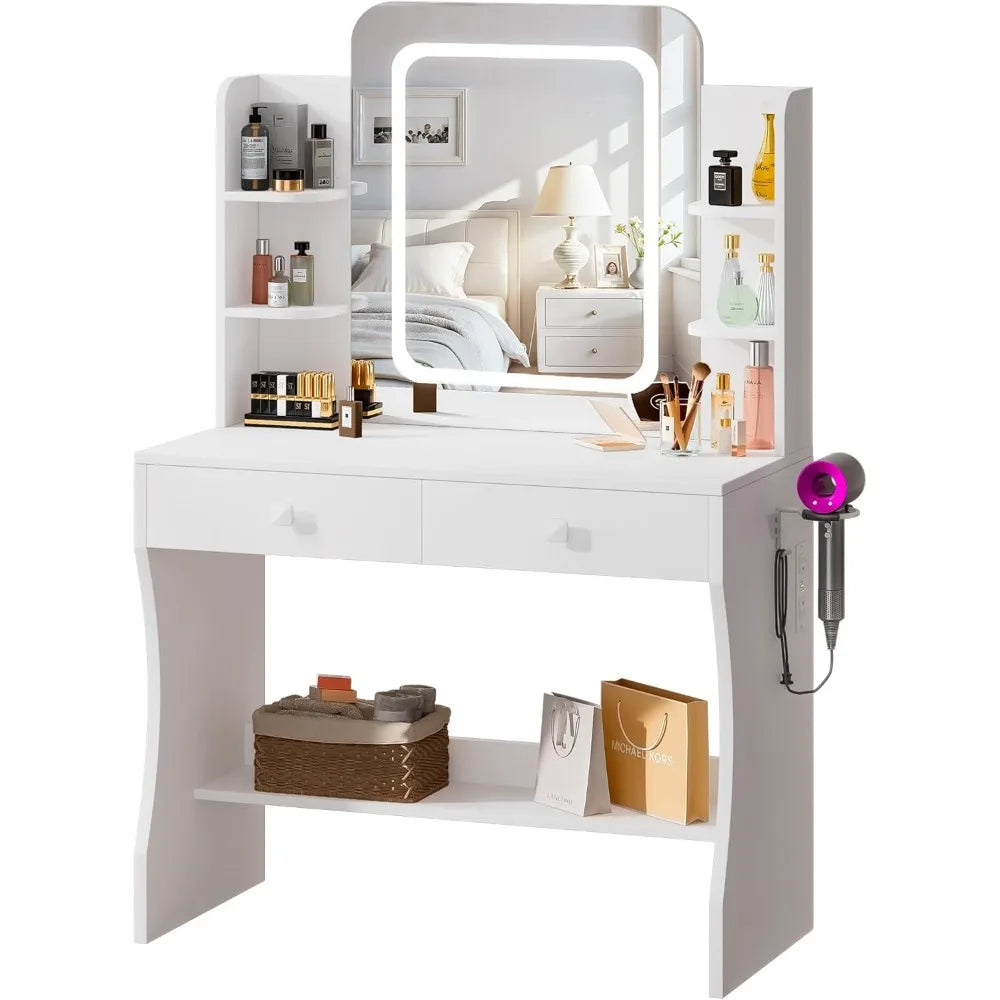 Dressing Table with Smart LED Mirror - Small Vanity Desk, 2 Drawers, 5 Shelves & Power Outlet