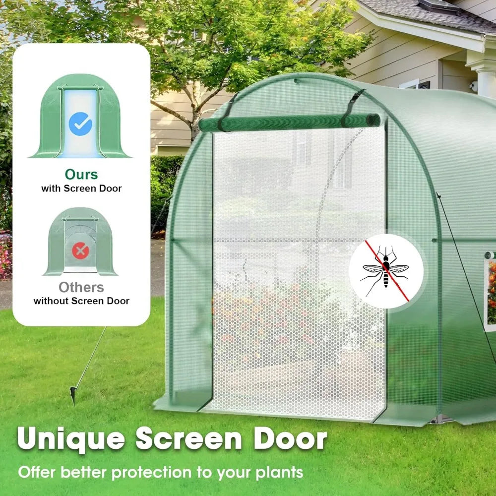 Walk-in Greenhouse, 12x7x7 FT Heavy Duty Tunnel Green House for Outdoors, Portable Green Houses for Outside, Winter Hot House wi