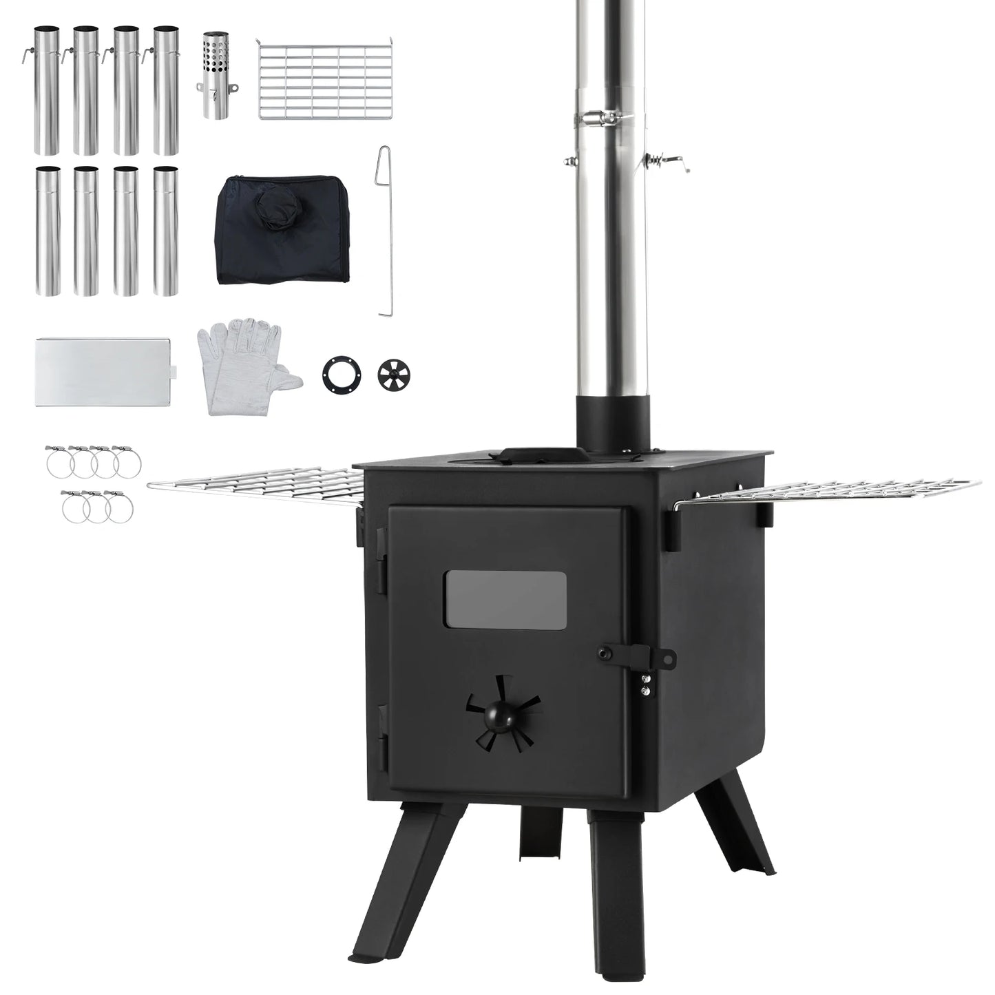 SucceBuy Wood Stove 86in Alloy Steel Camping Tent Stove Portable Wood Burning Stove with Chimney Pipes & Gloves 1400in³Firebox
