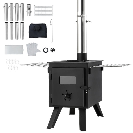 SucceBuy Wood Stove 86in Alloy Steel Camping Tent Stove Portable Wood Burning Stove with Chimney Pipes & Gloves 1400in³Firebox