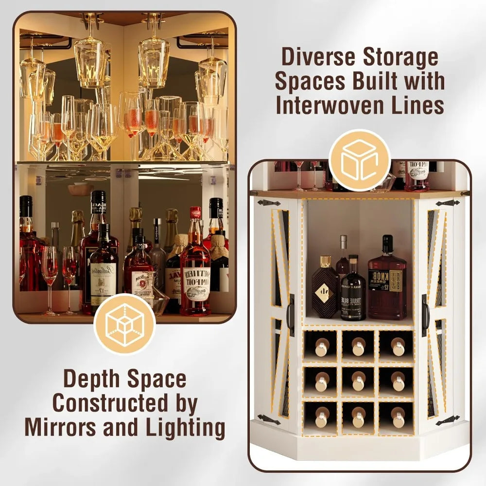 Corner Bar Cabinet Wine Bar Cabinet w/LED Lights & Glass Rack,Wine Cabinet,Coffee Station and Microwave Stand